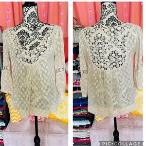 Daytrip Women’s Boho Cream Crochet Polka Dot Long Sleeve Textured Sheer Top